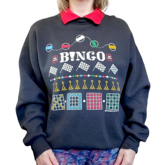 Vintage Tops - Vintage 90s Bingo Graphic Crewneck Sweatshirt‎ Collared Faded Black Large USA